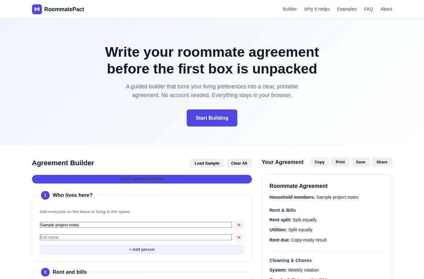 Screenshot of RoommatePact: Shared Housing Agreement Builder interface showing the project page in use